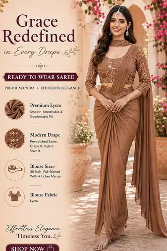 Designer brown premium lycra ready-to-wear saree with sequins embroidered stiched blouse