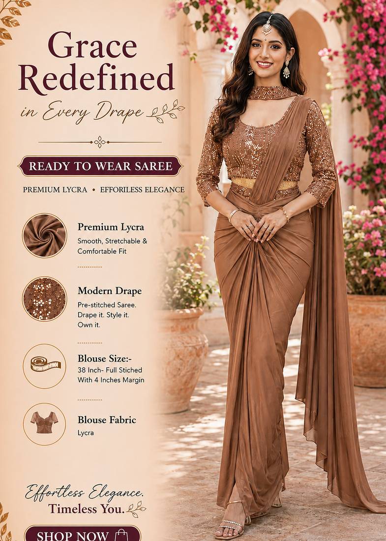 Designer brown premium lycra ready-to-wear saree with sequins embroidered stiched blouse