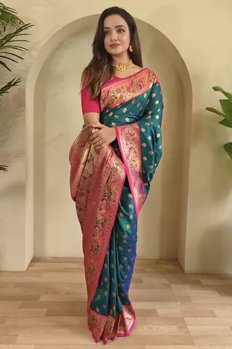 Teal color silk blend saree