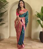 Teal color silk blend saree