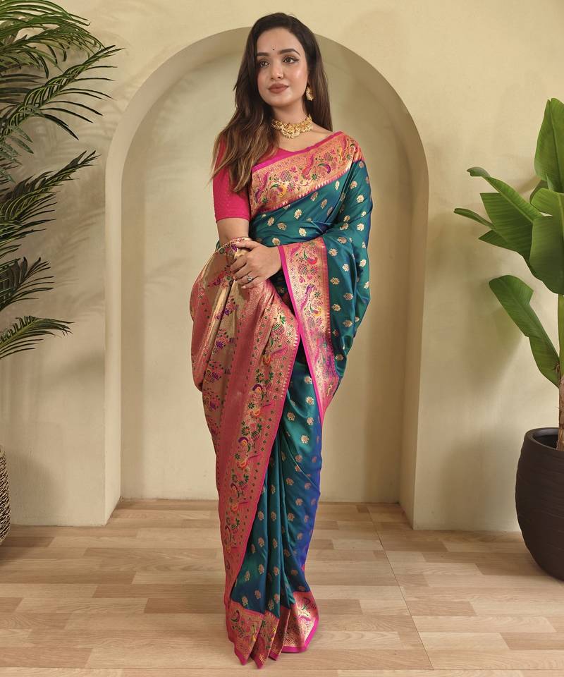 Teal color silk blend saree