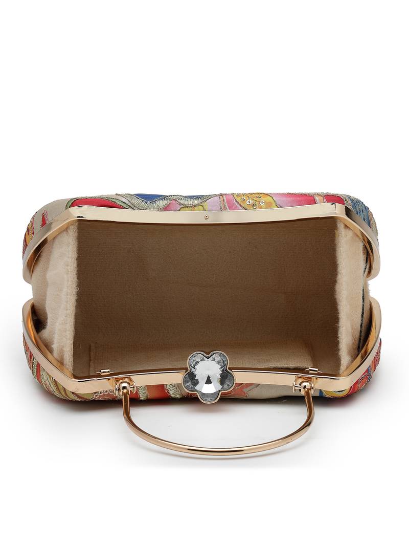  woven reverie beige multi abstract floral embroidered clutch