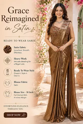 Women's stylish brown satin ready to wear saree with stiched blouse -perfect for party & festive