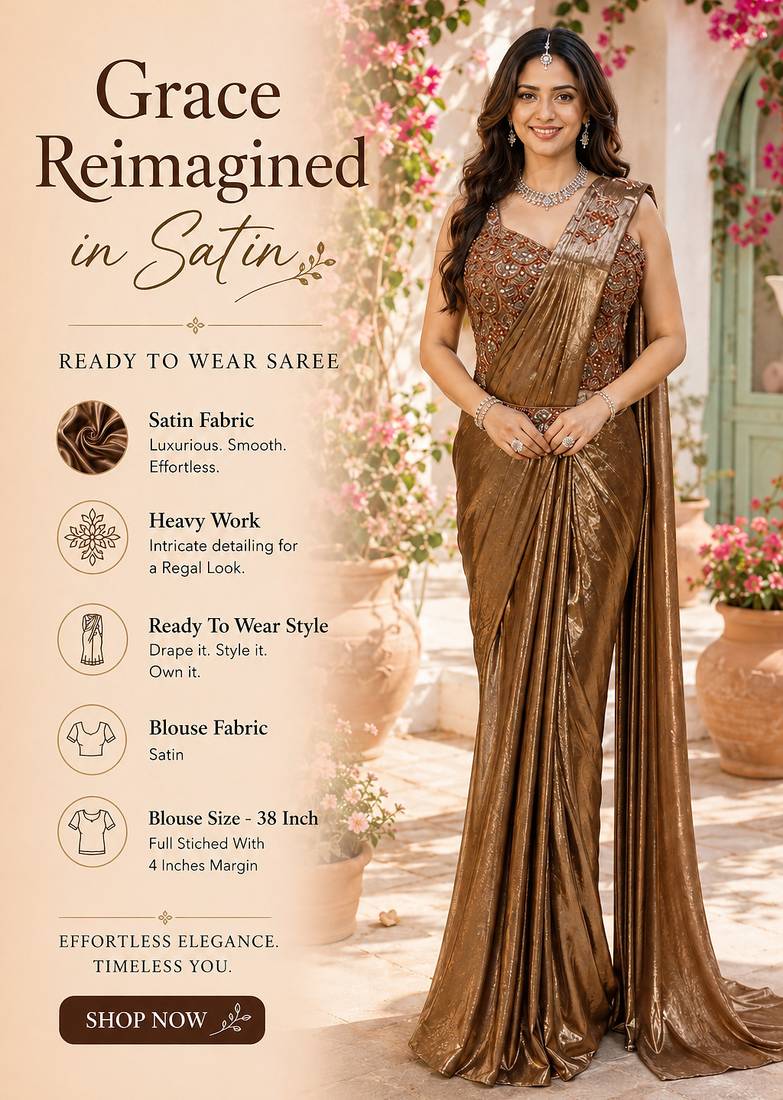 Women's stylish brown satin ready to wear saree with stiched blouse -perfect for party & festive