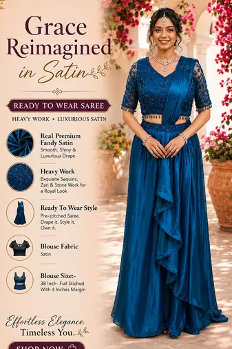 Designer blue fandy satin ready-to-wear saree with embroidered stiched blouse     wedding & party wear