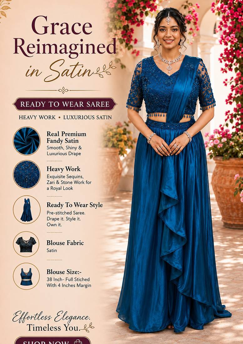 Designer blue fandy satin ready-to-wear saree with embroidered stiched blouse     wedding & party wear