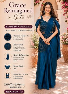 Luxury blue fandy satin ready-to-wear saree with heavy worked  stiched blouse     wedding & party 2