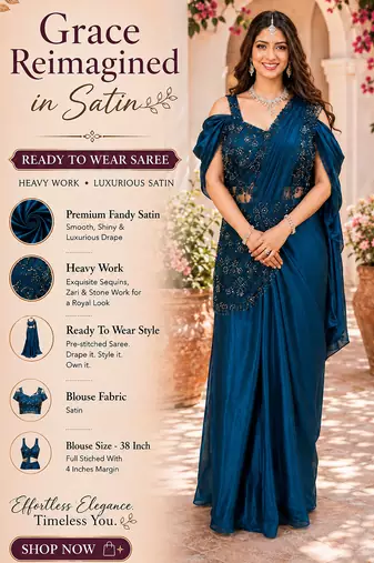 Luxury blue fandy satin ready-to-wear saree with heavy worked  stiched blouse     wedding & party