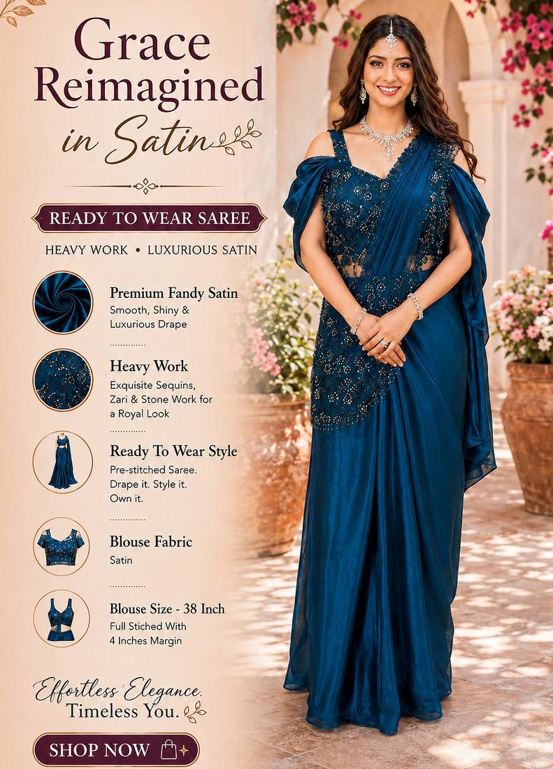 Luxury blue fandy satin ready-to-wear saree with heavy worked  stiched blouse     wedding & party