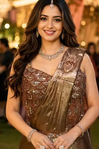 Women's stylish brown satin ready to wear saree with stiched blouse -perfect for party & festive