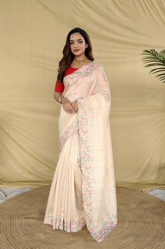 white color embroidery and floral,bird parttern work art silk saree