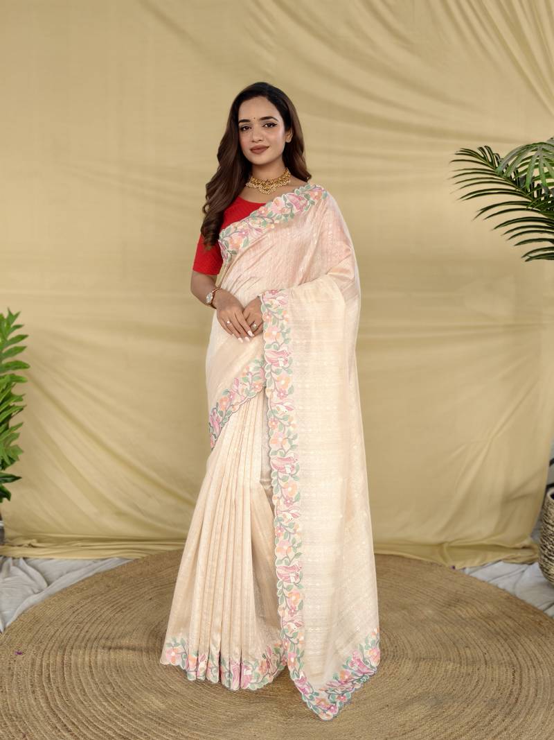 White color embroidery and floral,bird parttern work art silk saree