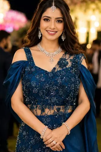 Luxury blue fandy satin ready-to-wear saree with heavy worked  stiched blouse     wedding & party