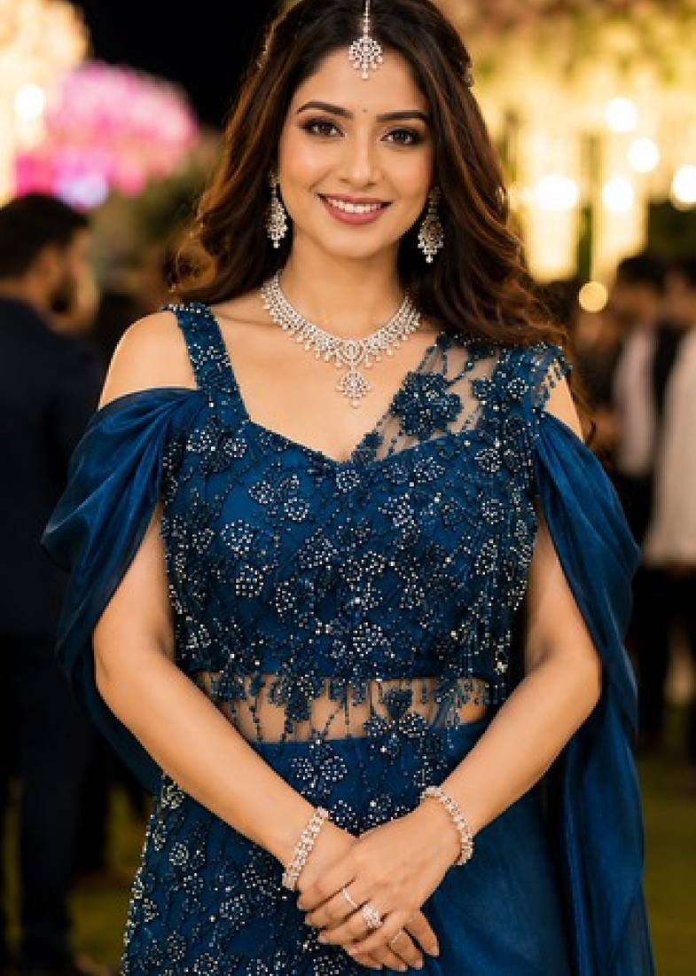 Luxury blue fandy satin ready-to-wear saree with heavy worked  stiched blouse     wedding & party