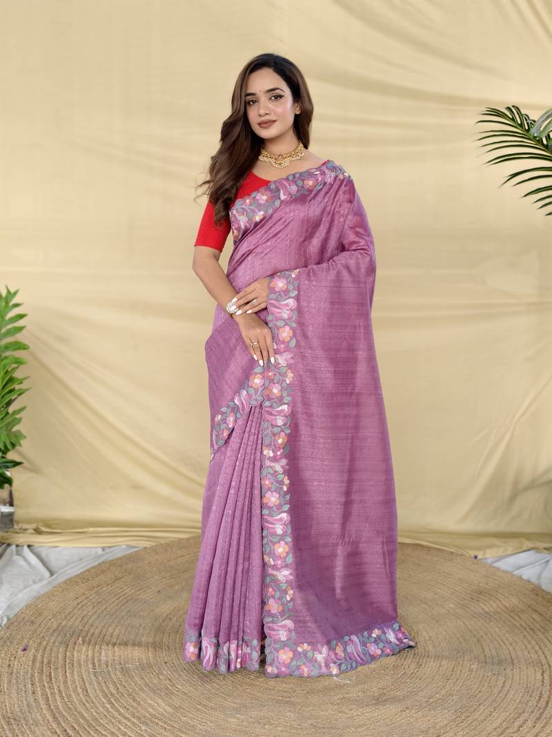 Purple color embroidery and floral,bird parttern work art silk saree