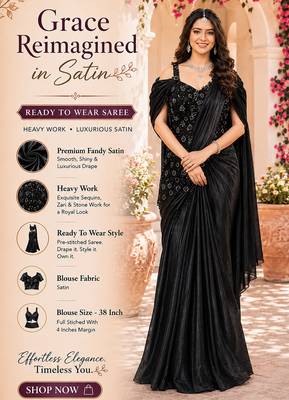 Luxury black fandy satin ready-to-wear saree with heavy worked  stiched blouse     wedding & party 2