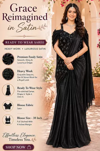 Luxury black fandy satin ready-to-wear saree with heavy worked  stiched blouse     wedding & party