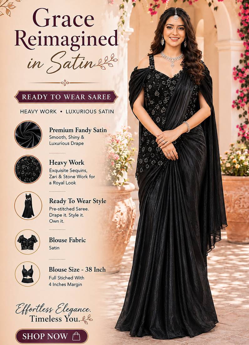 Luxury black fandy satin ready-to-wear saree with heavy worked  stiched blouse     wedding & party