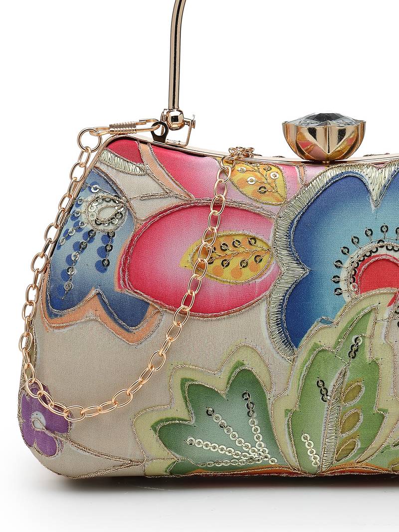  woven reverie beige multi abstract floral embroidered clutch