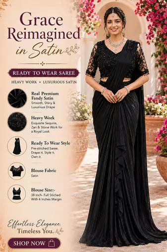 Designer black fandy satin ready-to-wear saree with embroidered stiched blouse     wedding & party wear