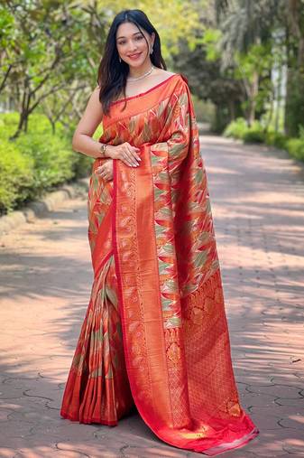 Elegant orange silk blend saree with contrast weaving border