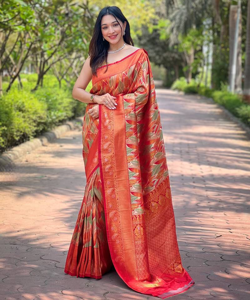 Elegant orange silk blend saree with contrast weaving border
