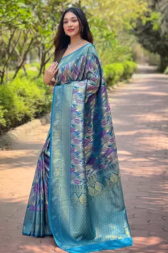 Elegant blue silk blend saree with contrast weaving border