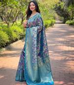 Elegant blue silk blend saree with contrast weaving border