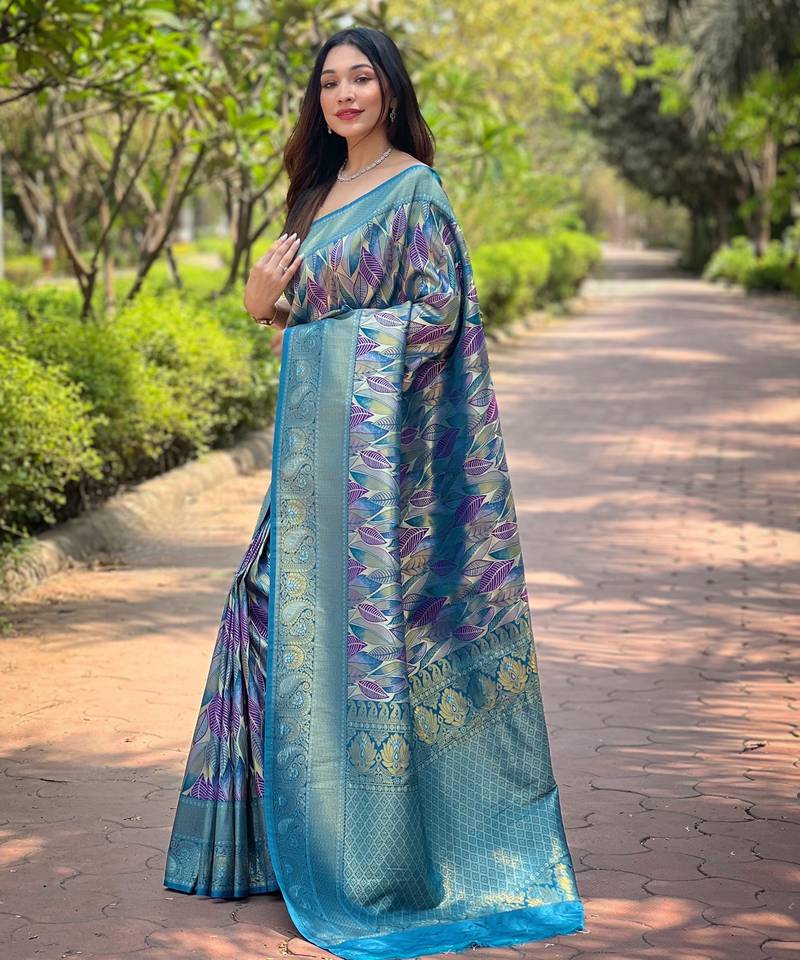 Elegant blue silk blend saree with contrast weaving border