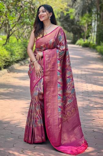 Elegant pink silk saree with contrast weaving border