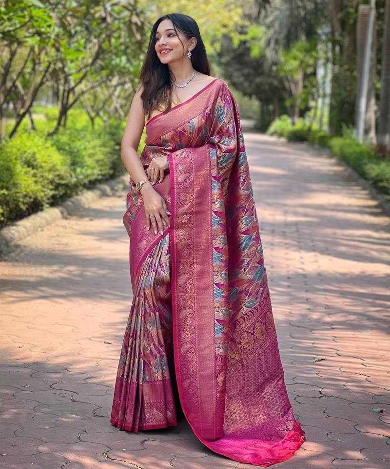 Elegant pink silk saree with contrast weaving border