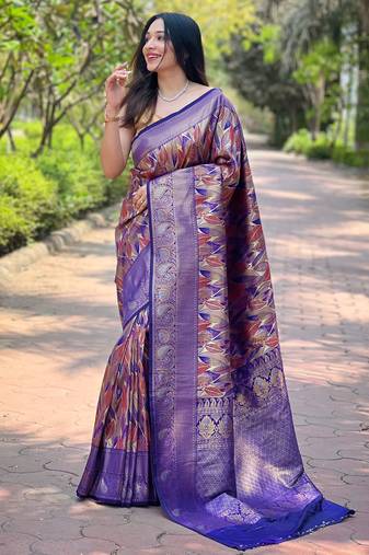 Elegant violet silk saree with contrast weaving border