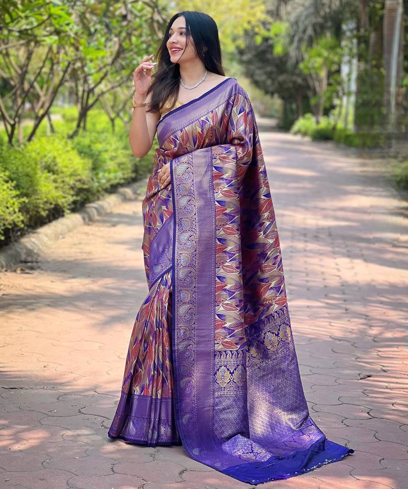 Elegant violet silk saree with contrast weaving border
