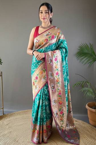 Rama green style silk bland zari weaving contrust border saree with blouse