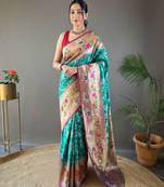 Rama green style silk bland zari weaving contrust border saree with blouse