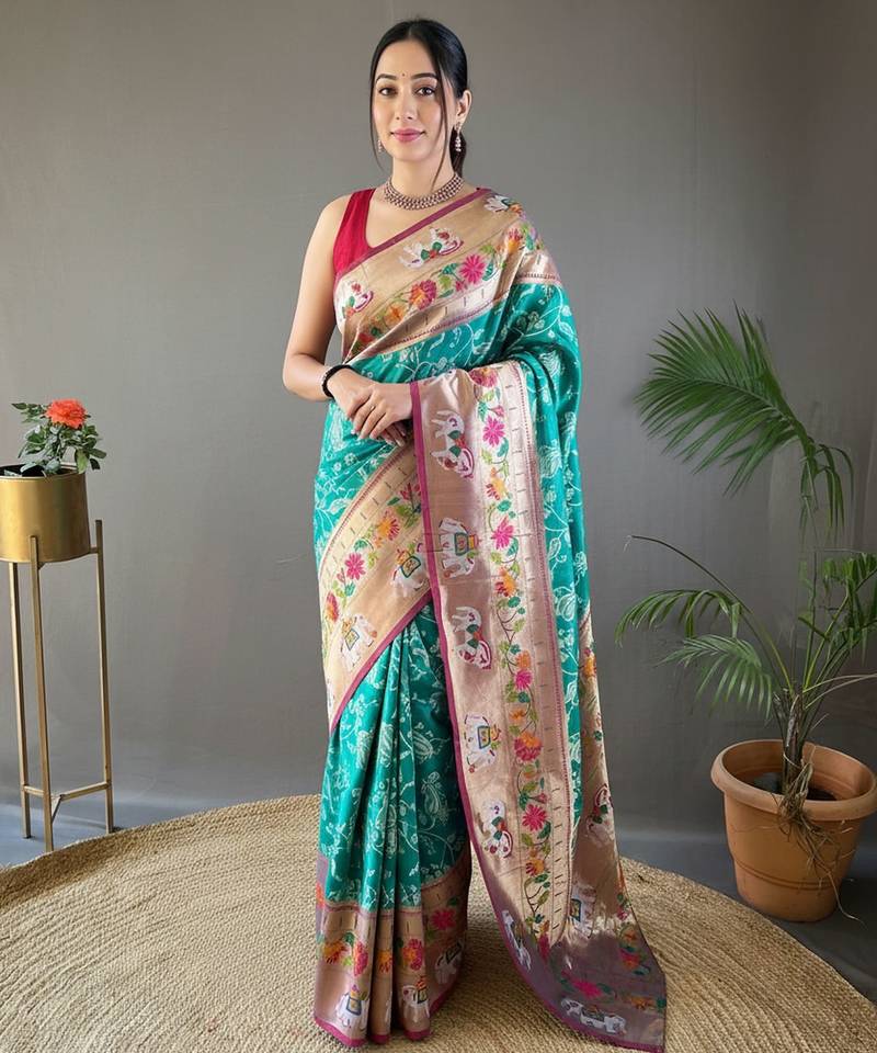 Rama green style silk bland zari weaving contrust border saree with blouse