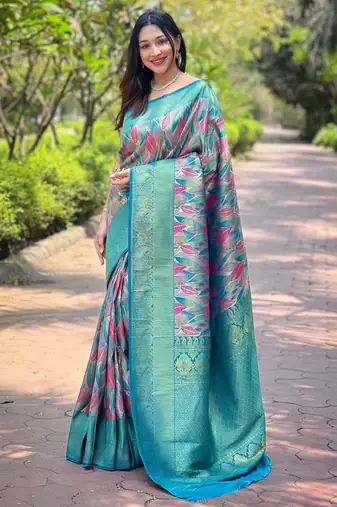 elegant sea-green silk blend saree with contrast weaving border
