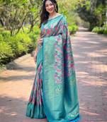 Elegant sea-green kanchipattu silk saree with contrast weaving border