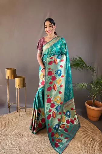 Rama green soft silk blend saree with rich weaved heavy pallu & 3d traditional design with gold and silver zari