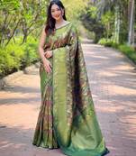 Elegant dark green kanchipattu silk saree with contrast weaving border