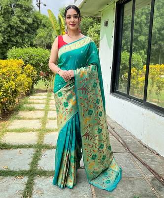 rama green silk blend saree with meenakari motifs 1