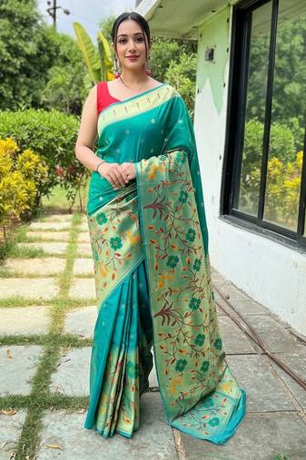 rama green silk blend saree with meenakari motifs