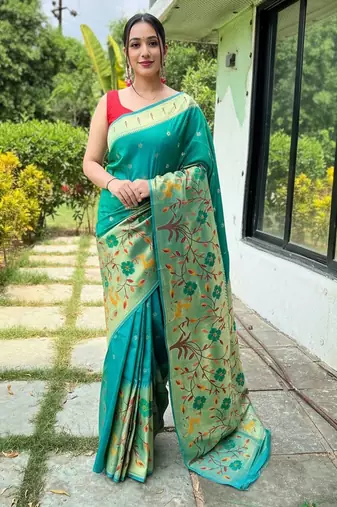 rama green silk blend saree with meenakari motifs