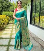 rama green silk blend saree with meenakari motifs