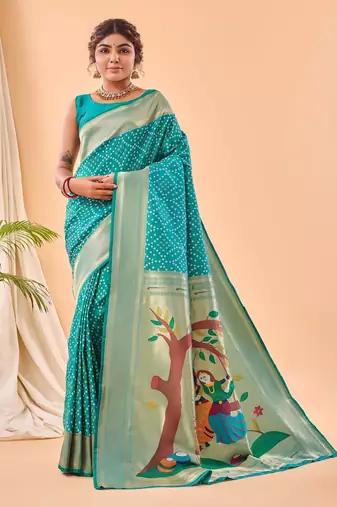 Rama green bandhani weaving saree with heavy pallu