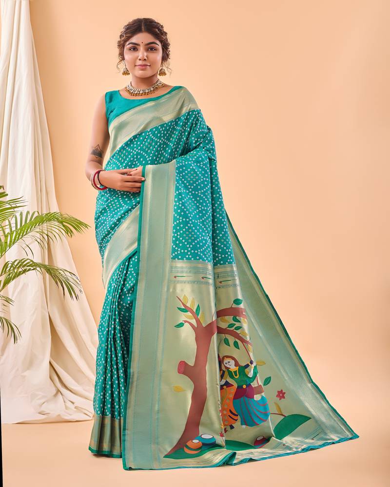 Rama green bandhani weaving saree with heavy pallu