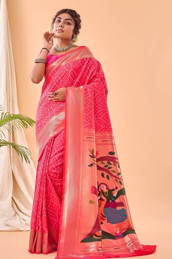 Rani pink bandhani weaving saree with paithani pallu