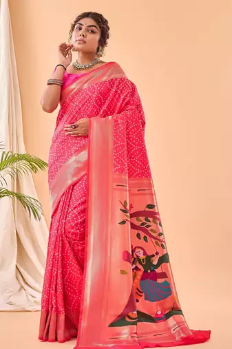 rani pink silk blend weaving saree with paithani pallu
