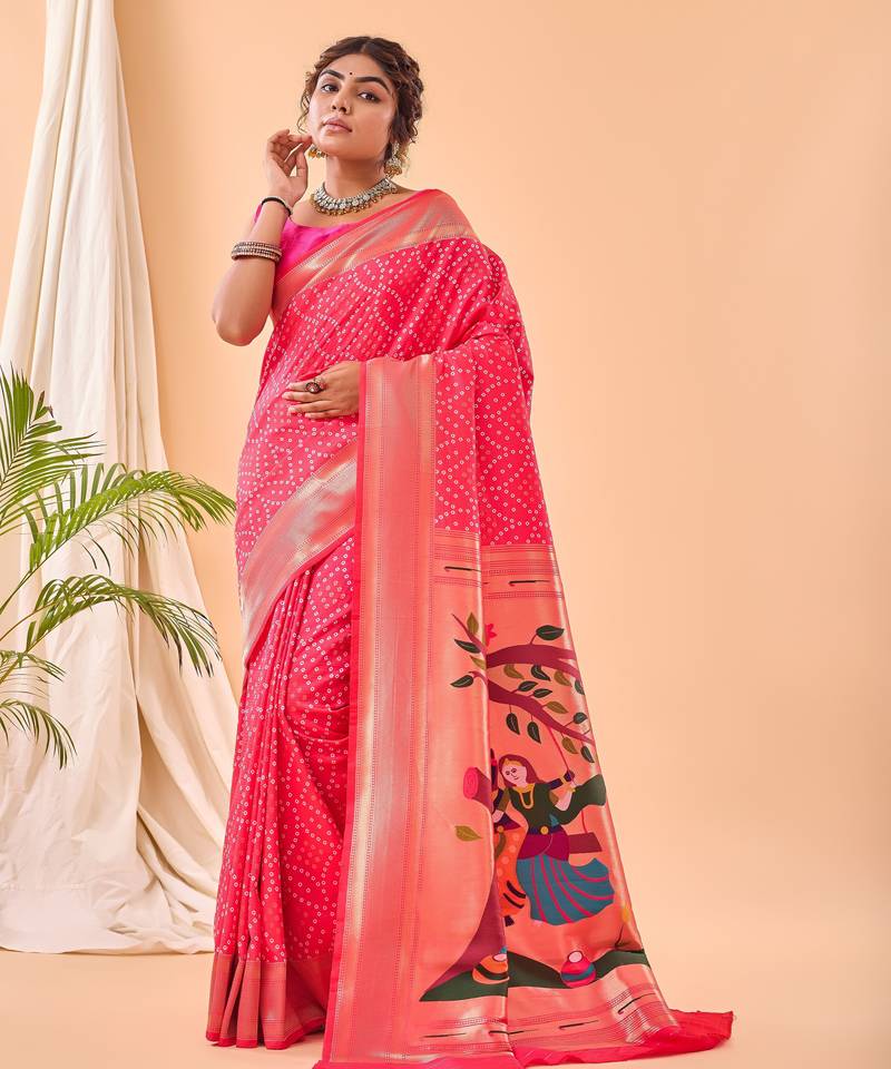 Rani pink bandhani weaving saree with paithani pallu