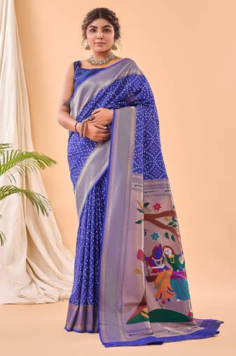 navy blue silk blend weaving saree with paithani pallu